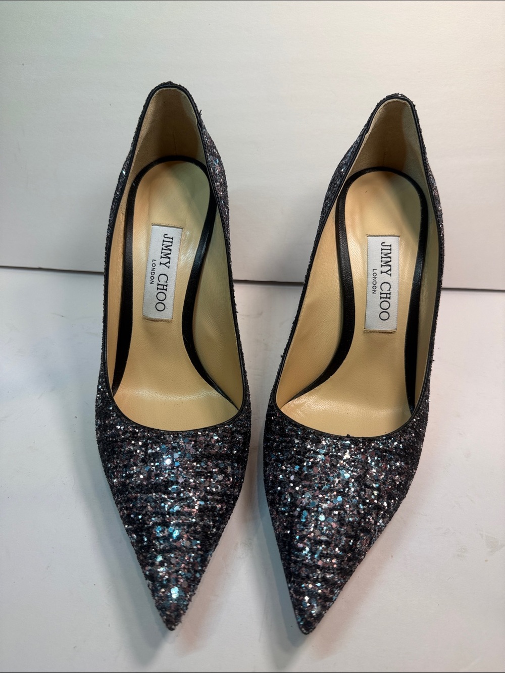 Jimmy Choo Glitter Pointed-Toe Pumps in GunMetal metal and Silver Sparkle